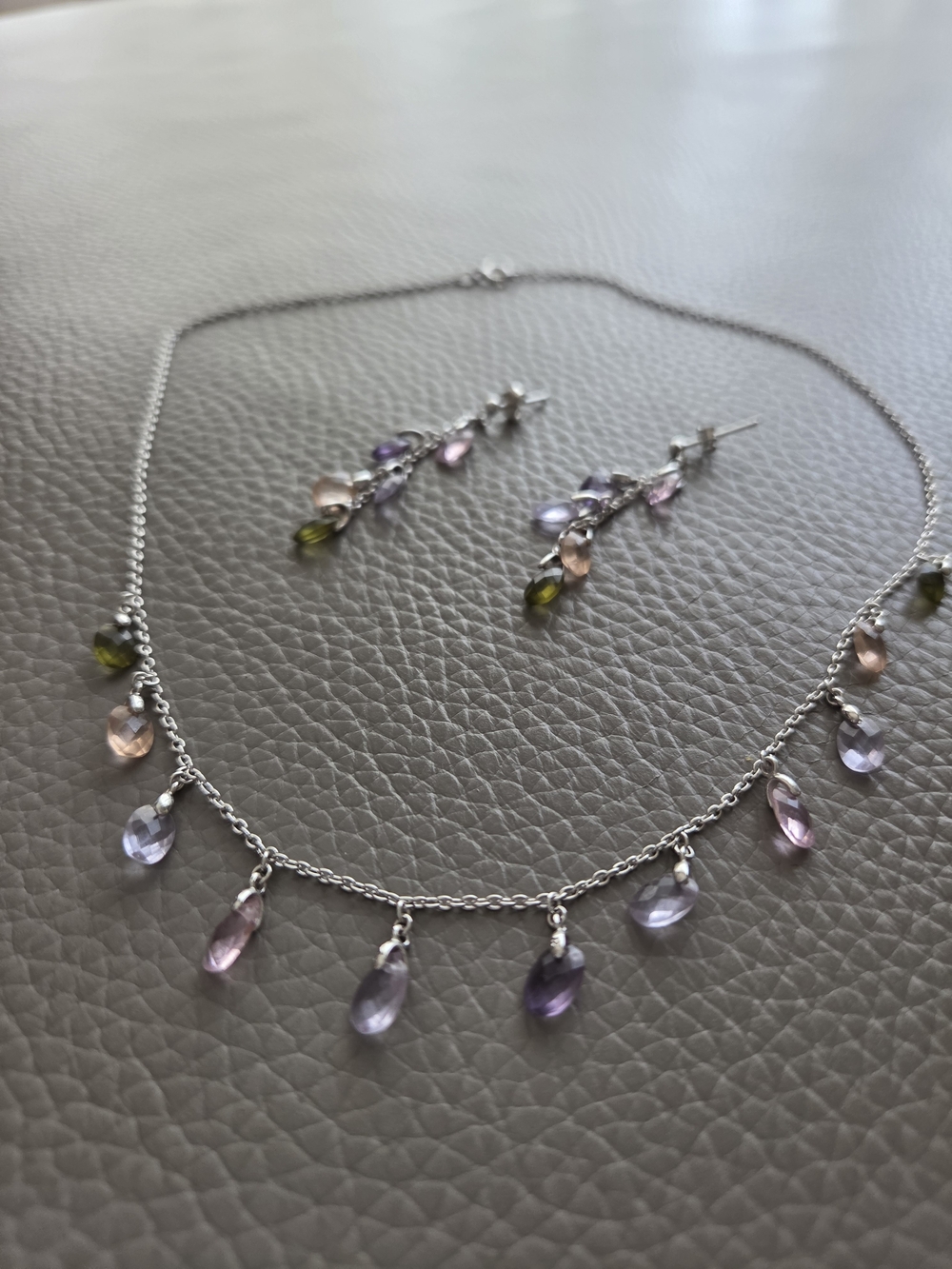 Sterling Silver (925) Multi-Color Teardrop Necklace and Earrings Set